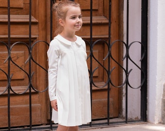 Girls white pleated dress/ Long sleeve formal dress/ Toddler girl pleated christening dress/ Peter pan collar baptism dress