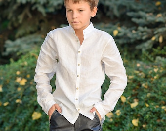 Boys white linen shirt with long sleeve/ Kids stand collar linen shirt/ Classic linen shirt toddler boy/ Formal linen collar Button up shirt