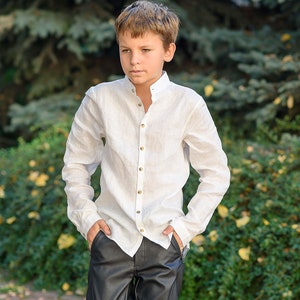 Boys white linen shirt with long sleeve/ Kids stand collar linen shirt/ Classic linen shirt toddler boy/ Formal linen collar Button up shirt