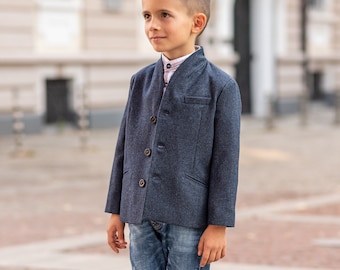 Slim fitted wool blazer boys/ Single breasted wool jacket/ Winter clothes toddler boy/ Herno stand up collar kids woolen jacket fully lined