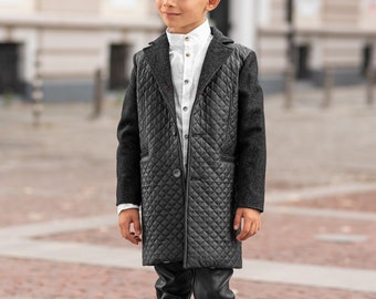 Black wool coat child / Leather coat Kids long down Toddler boy coat Back to School outfit / Winter coat toddler / Leather quilted coat