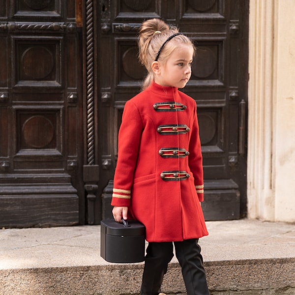 Manteau long en duvet en laine pour fille/Manteau rouge avec col montant trench/Manteau ajusté et évasé pour toute-petite fille/Manteau en laine au look militaire pour enfants/Manteau d'hiver chaud pour filles