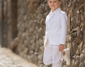 Boys white satin cotton formal suit/ Wedding kids outfit/ Communion toddler boy cotton suit set/ 4 pieces kids boy luxury dress suits