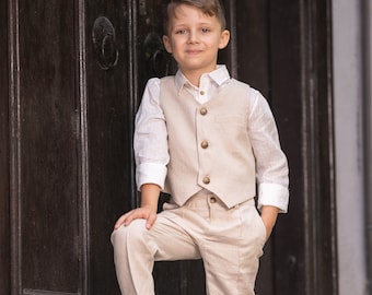 Ensemble d'été 3 pièces en lin beige pour garçons/ Tenue de mariage rustique pour garçons/ Tenue de chemise habillée pour tout-petits en lin de communion/ Costume en lin pour garçon