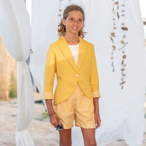 Girls&#39; Linen Suit: Tailored Blazer & Polka Dot Shorts - Curry Color