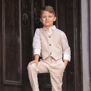 Beige linen 3 piece summer set for boys/ Rustic wedding outfit boys/ Communion linen clothing toddler dress shirt outfit/ Linen boys suit