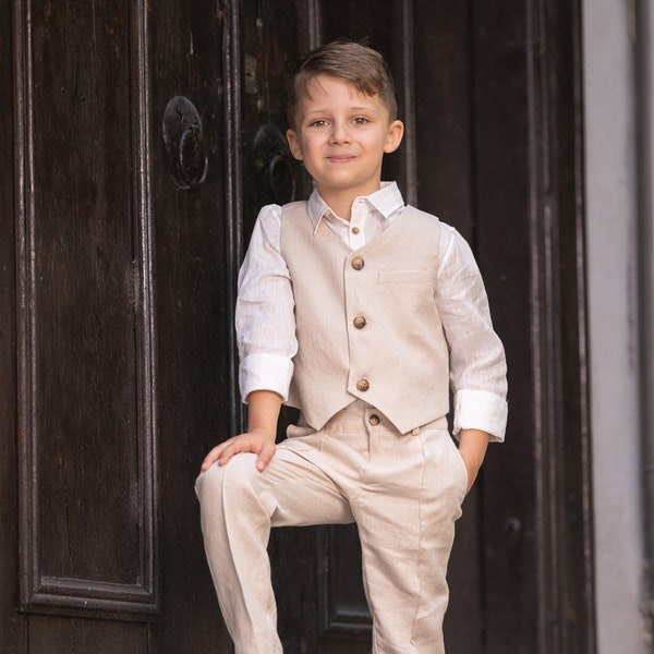 Conjunto de verano de 3 piezas de lino beige para niños / Traje de boda rústico para niños / Ropa de lino de comunión traje de camisa de vestir para niños pequeños / Traje de niños de lino