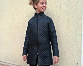 Black faux leather quilted coat for girls, Kids jacket, Long leather coat, Stylish leather jacket, Eco Leather outfit, Winter duvet coat