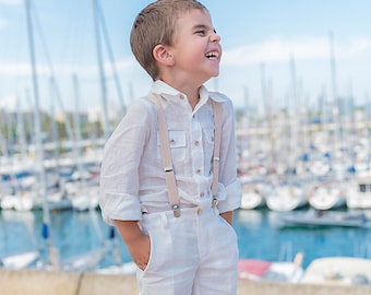 Linen summer set boys/ White long sleeve shirts/ Linen short pants/ Rustic wedding Linen clothing toddler dress shirt outfit/ Stylish outfit