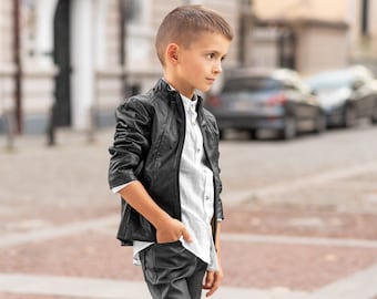 Boys black leather jacket/Faux leather short coat / Eco friendly leather jacket kids outfit black jacket boy clothing / Leather toddler