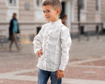 Linen shirt white with long sleeve boys/ Stone washed linen shirt/ Classic linen shirt toddler boy/ Formal linen collar Button up shirt