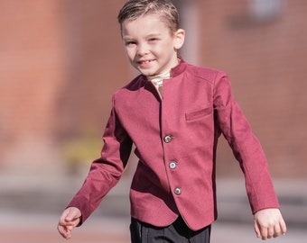 Slim fitted burgundy color cotton jacket for boys/ Single breasted blazer/ Stand up collar kids jacket/ Tailored toddler blazer/ Boys wear