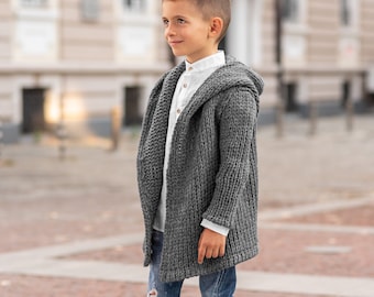 Hooded chunky knitted cardigan sweater kids/ Charcoal Hand knitted sweater wool coat toddler/ Oversized hand knit sweater slouchy cardigan