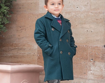 Long wool peacoat for boys, Kids warm winter vintage coat, Double breasted down coat toddler, Long classic coat, Junior long pea coat