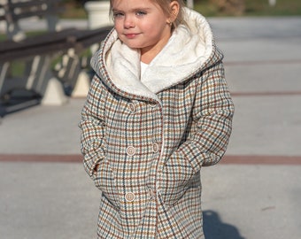 Hooded wool houndstooth coat girl jacket/ Tweed checked toddler coat large hood Kids wool plaid overcoat/ Square check tartan tweeted jacket