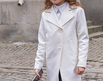 Cappotto invernale in lana per ragazze, Cappotto bianco, Giacca classica per bambini Cappotto blazer in lana avorio Outfit per ragazze alla moda, Elegante cappotto al ginocchio per bambini