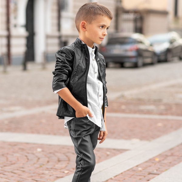 Boys black leather jacket/Faux leather short coat / Eco friendly leather jacket kids outfit black jacket boy clothing / Leather toddler