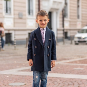 Long shawl collar wool for boys, Double breasted down coat toddler, Kids warm winter vintage coat, Navy classic coat, Junior long pea coat image 5