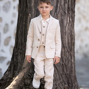 Linen 4 piece summer set for boys/ Rustic wedding outfit boys/ Communion linen clothing toddler dress shirt outfit/ Beige linen boys suit