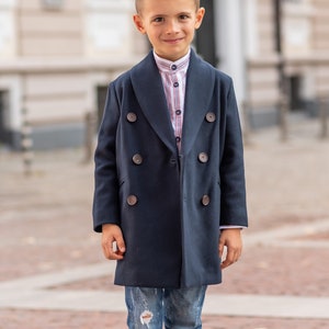 Long shawl collar wool for boys, Double breasted down coat toddler, Kids warm winter vintage coat, Navy classic coat, Junior long pea coat image 3