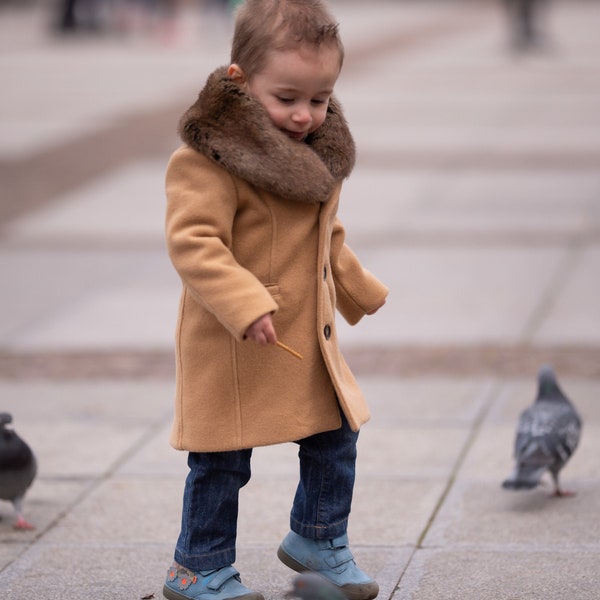 Manteau en laine pour bébé garçon avec col en fourrure amovible, Manteau d'hiver pour bébé, Vêtements de luxe pour bébé, Manteau pour bébé en laine de chameau, Vêtements d'hiver pour bébé