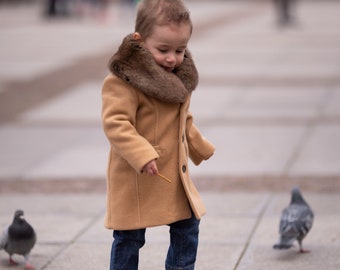 Baby boys wool coat with removable fur collar, Baby winter coat, Luxury baby clothes, Camel wool baby coat , Winter Baby Clothing