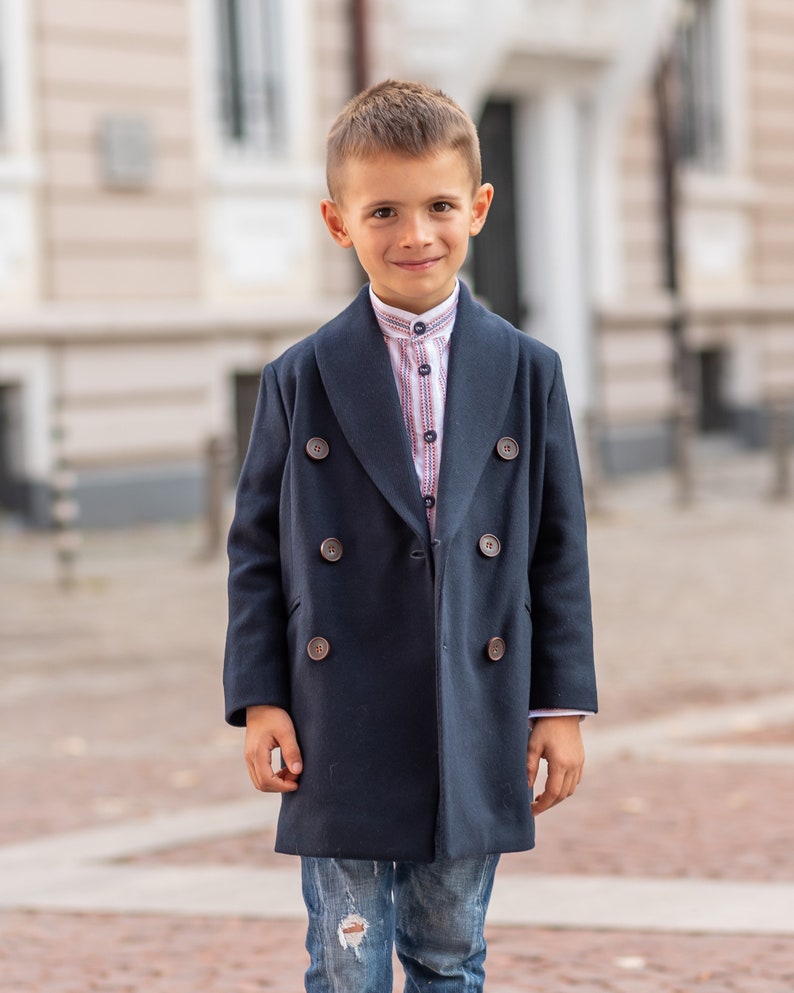 Long shawl collar wool for boys, Double breasted down coat toddler, Kids warm winter vintage coat, Navy classic coat, Junior long pea coat image 3
