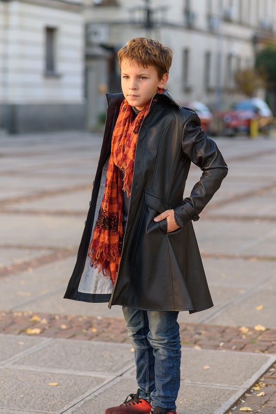 Long Leather Coat for Boy Leather Outfit/ Toddler Faux Leather Overcoat/  Kids Trench Coat/ Gothic Clothing Leather Coat Long Trench Jacket 