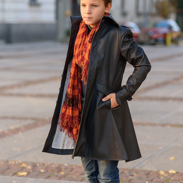 Manteau en cuir long pour tenue en cuir garçon/ Manteau en faux cuir pour tout-petits/ Trench-coat pour enfants/ Vêtements gothiques Manteau en cuir Long Trench Jacket