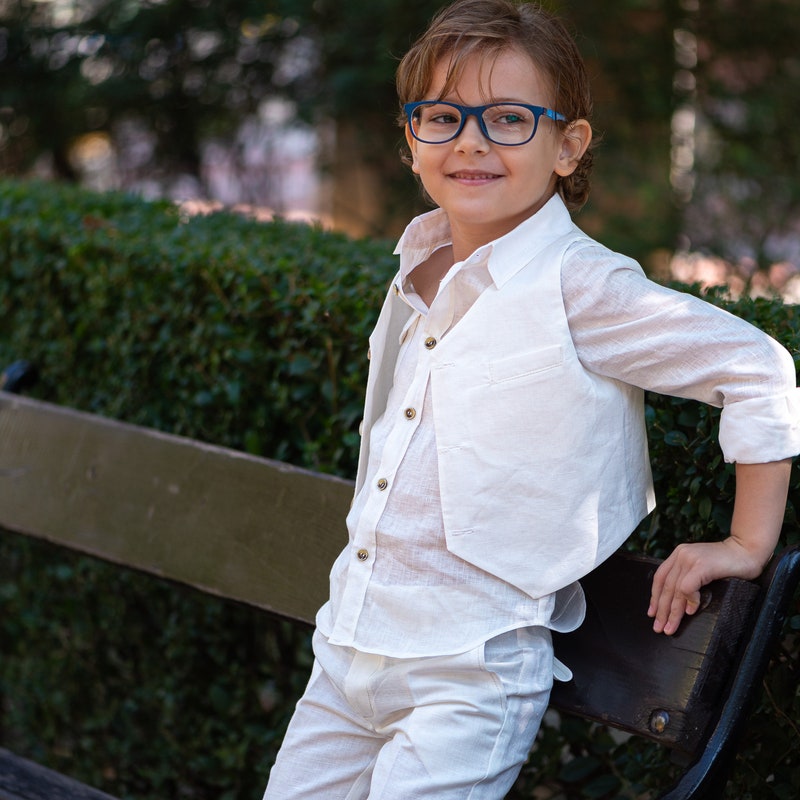 Luli & Me Boys Ivory & Tan Linen Blend Dressy Shorts Set