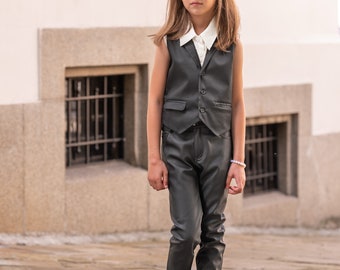 Black formal set for girls/ 2 piece faux leather pants and vest outfit/ Extravagant outfit for toddlers/ Girls formal wear