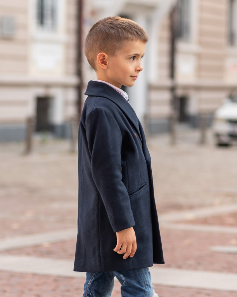 Long shawl collar wool for boys, Double breasted down coat toddler, Kids warm winter vintage coat, Navy classic coat, Junior long pea coat image 2