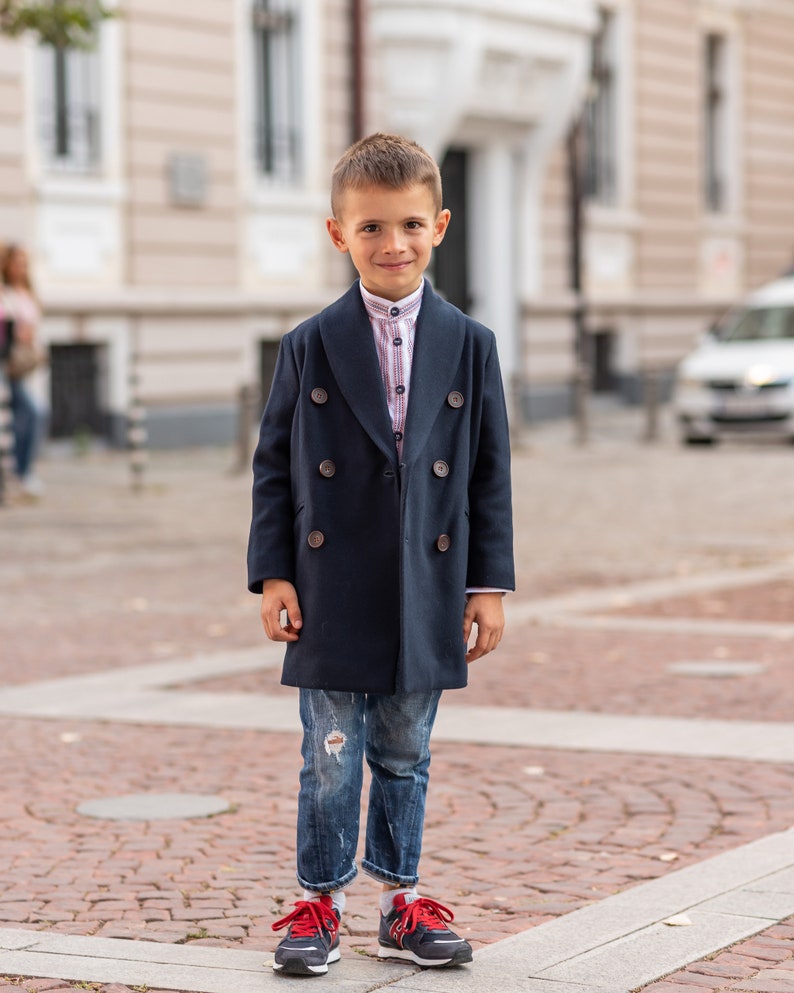 Long shawl collar wool for boys, Double breasted down coat toddler, Kids warm winter vintage coat, Navy classic coat, Junior long pea coat image 5