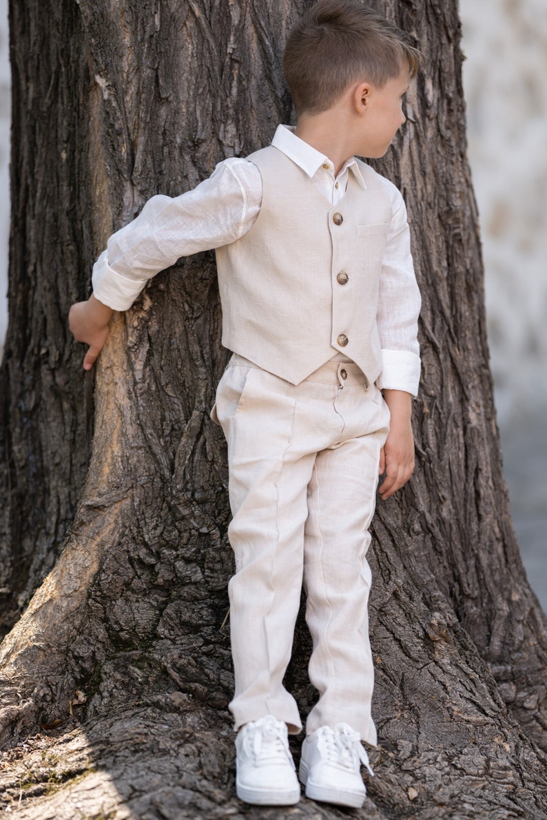 Beige linen 3 piece summer set for boys/ Rustic wedding outfit boys/ Communion linen clothing toddler dress shirt outfit/ Linen boys suit image 7