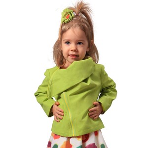 Girls Cotton Jacket: Asymmetrical Zip, Large Collar - Spring Outfit