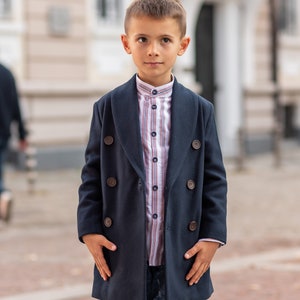 Long shawl collar wool for boys, Double breasted down coat toddler, Kids warm winter vintage coat, Navy classic coat, Junior long pea coat image 4