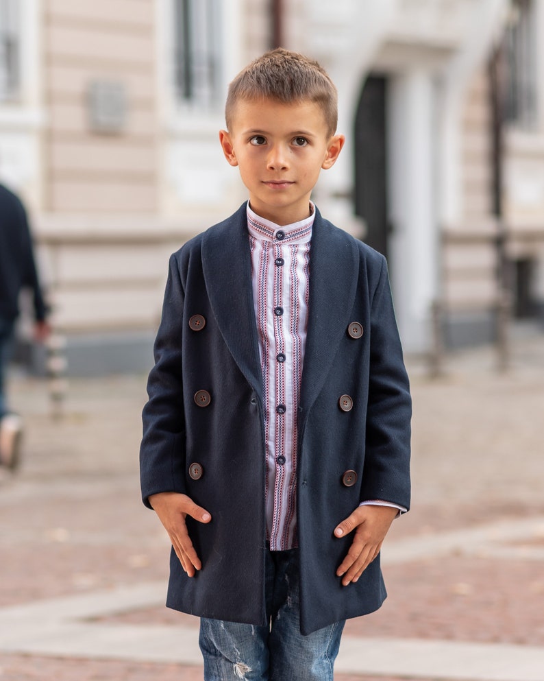 Long shawl collar wool for boys, Double breasted down coat toddler, Kids warm winter vintage coat, Navy classic coat, Junior long pea coat image 4