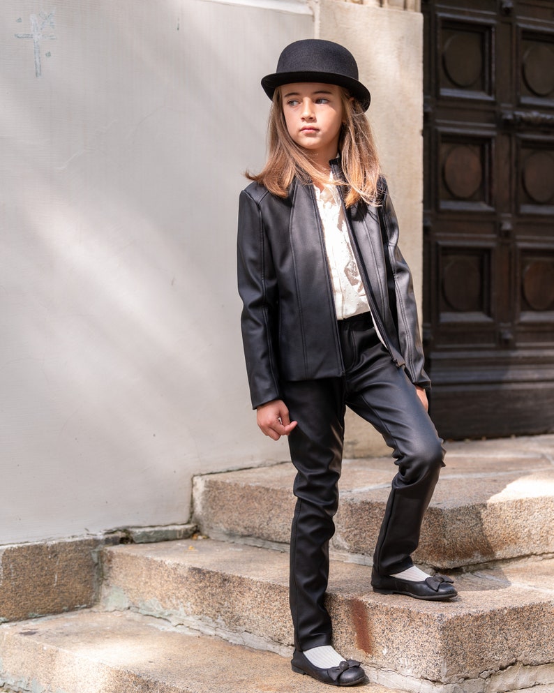 Black leather jacket/Faux leather girls outfit/Toddler leather jacket/Kids leather jacket/Vegan leather outfit/Vintage Eco leather clothing image 1