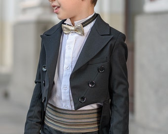 Boys Black Tailcoat Cummerbund Tuxedo Suit for Formal Event/ Wedding Costume for Toddler Little Gentleman Full Dress Tail Tux Evening Outfit