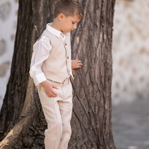Beige linen 3 piece summer set for boys/ Rustic wedding outfit boys/ Communion linen clothing toddler dress shirt outfit/ Linen boys suit image 6