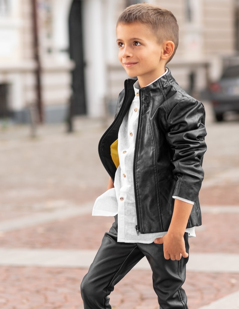 Boys black leather jacket/Faux leather short coat / Eco | Etsy