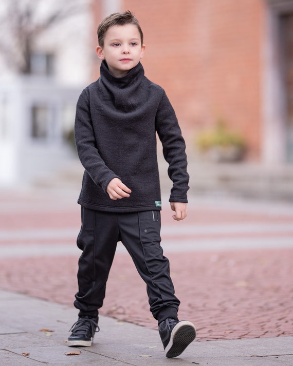 Conjunto de ropa para niños de 3 a 7 años, 2 piezas para niños pequeños de  otoño invierno guapo blusa negra+pantalones informales gris