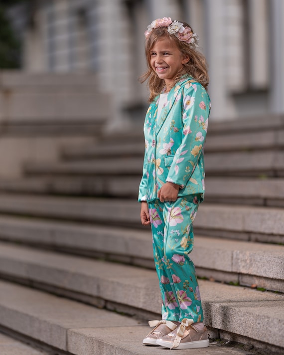 Flower Printed Satin Girls Outfit/ 2 Piece Suit Formal Wear