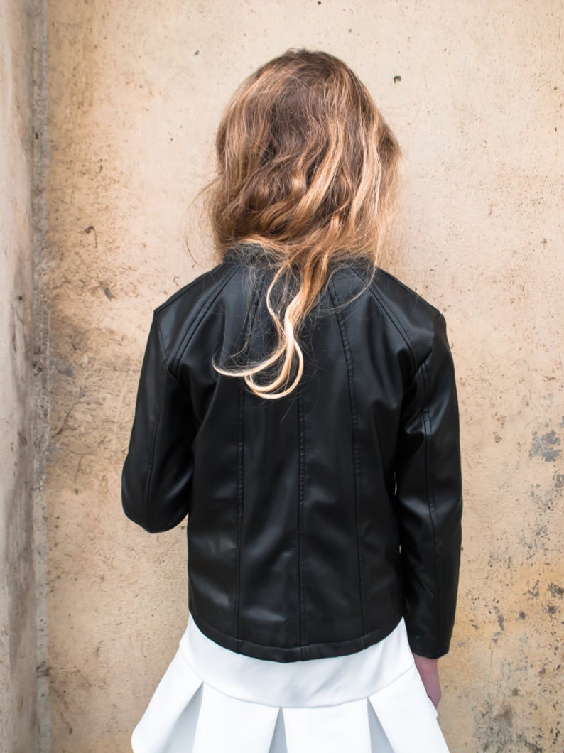 Black leather jacket/Faux leather girls outfit/Toddler leather jacket/Kids leather jacket/Vegan leather outfit/Vintage Eco leather clothing image 4