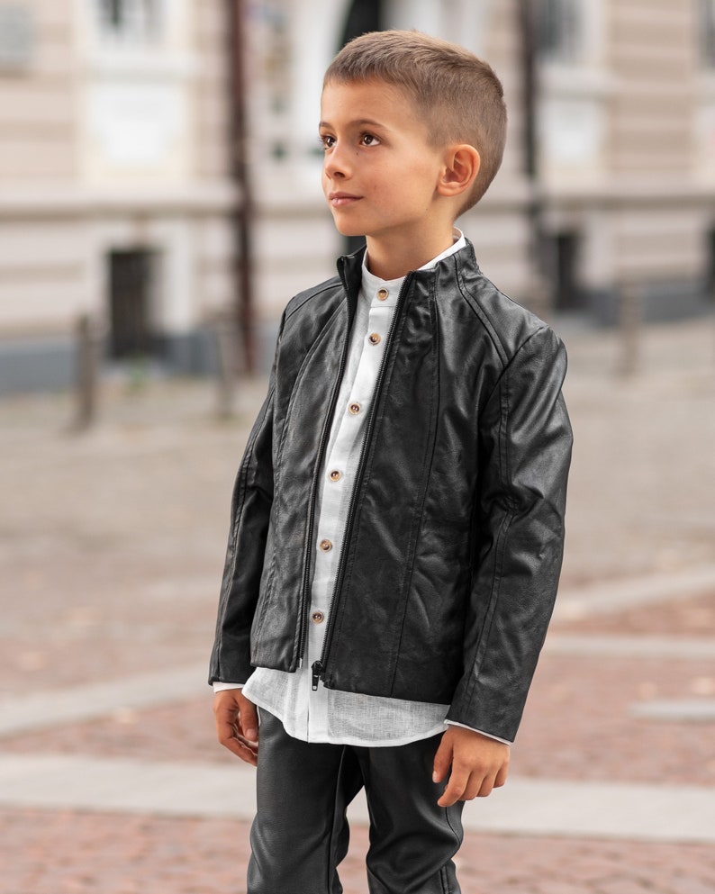 Boys black leather jacket/Faux leather short coat / Eco | Etsy