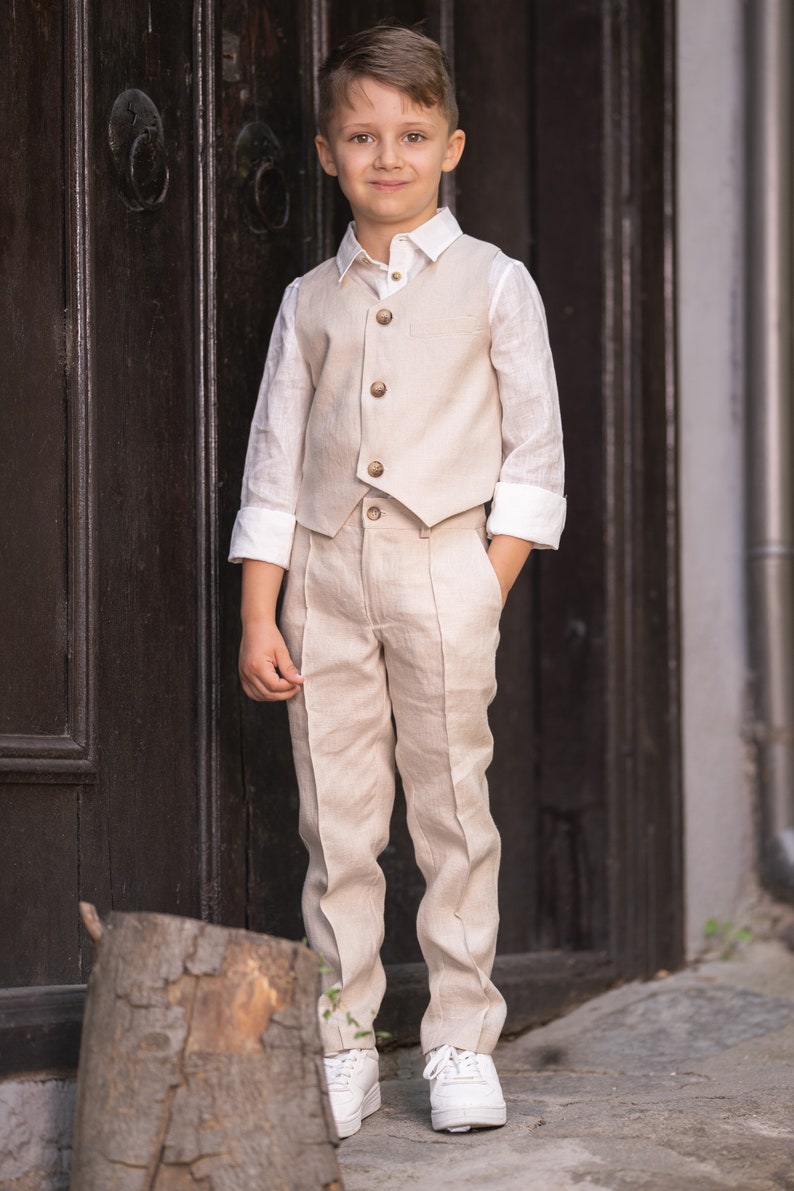 Beige linen 3 piece summer set for boys/ Rustic wedding outfit boys/ Communion linen clothing toddler dress shirt outfit/ Linen boys suit image 3