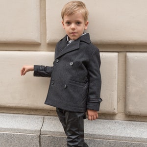 Boys double breasted short wool coat, Stylish pea coat winter boys outfit, Wool blazer coat toddler trendy wool peacoat, Cropped winter coat image 6