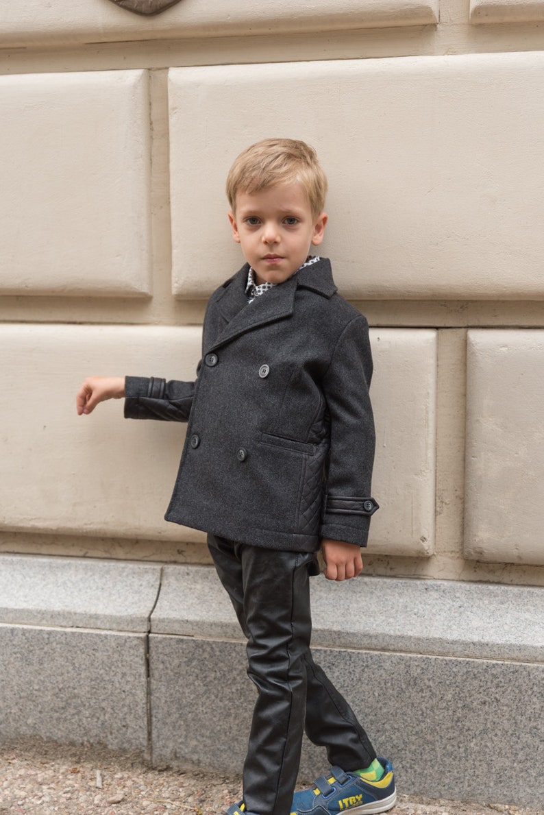 Boys double breasted short wool coat, Stylish pea coat winter boys outfit, Wool blazer coat toddler trendy wool peacoat, Cropped winter coat image 6