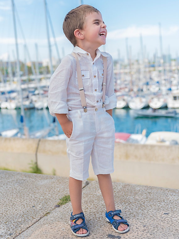 Linen Summer Set Boys/ White Long Sleeve Shirts/ Linen Short Pants/ Rustic  Wedding Linen Clothing Toddler Dress Shirt Outfit/ Stylish Outfit 