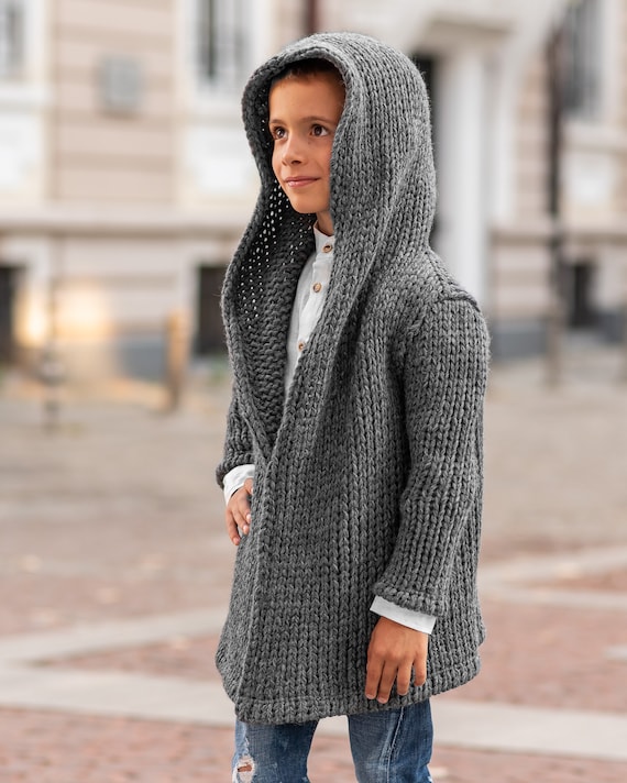 Hooded Chunky Knitted Cardigan Sweater Kids Charcoal Hand Knitted Sweater Wool Coat Toddler Oversized Hand Knit Sweater Slouchy Cardigan Etsy
